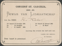 712299 Bewijs van Lidmaatschap voor de heer Rahr van de [Muziekvereeniging] Concert St. Caecilia te Utrecht.